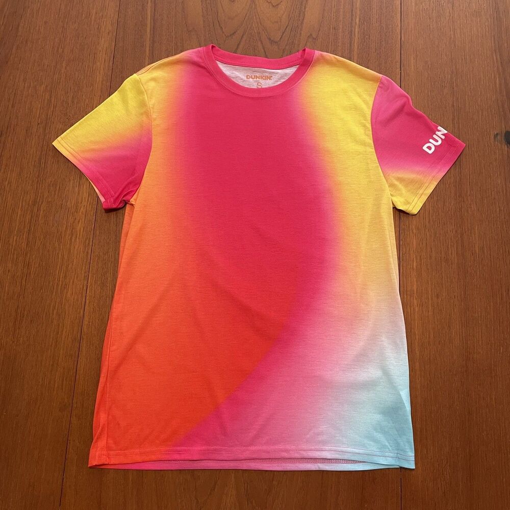 DUNKIN DONUTS Shirt Employee Work Crew Ombre Pink Yellow Tie Dyed Size Small